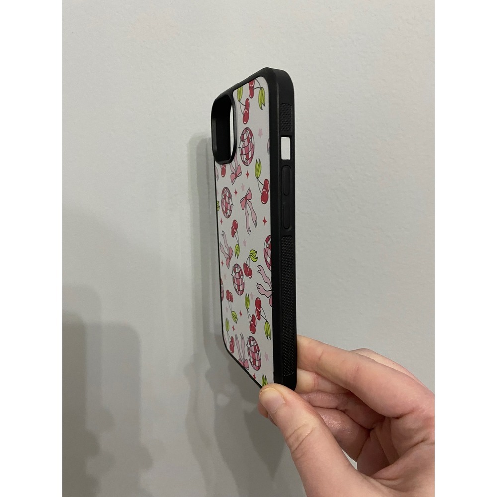 iPhone 13 Case Unisex OS White Pink Disco Ball Cherry Bow Print Bumper Cover - Picture 2 of 5